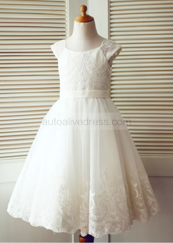 Cap Sleeves Ivory Lace Tulle Wedding Flower Girl Dress